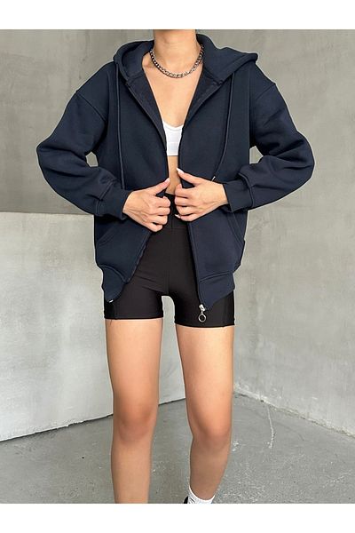 BEJNA Marineblauer, übergroßer Damen-Sweat-Cardigan mit Reißverschluss