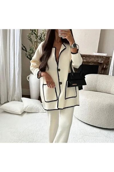 STİLNOVA Women's Embroidered Special Design Knitwear Cardigan Pants Set