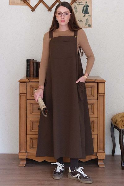 Ceylan Otantik Λινά Φούστα Ριγέ Milk Brown Πλεκτό Σώμα - Salopet