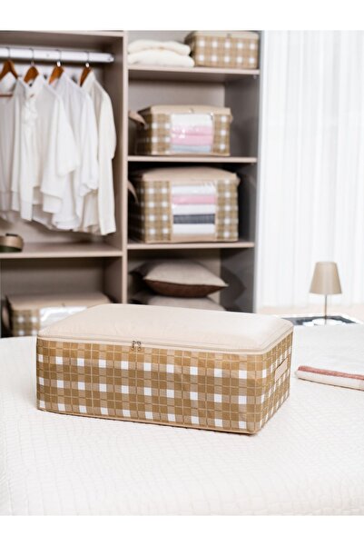NACAREV Büyük Boy Bej Kare Desen Ekoseli Baza Altı Düzenleyici Yastık Yorgan Kıyafet Hurcu 60x40x20cm