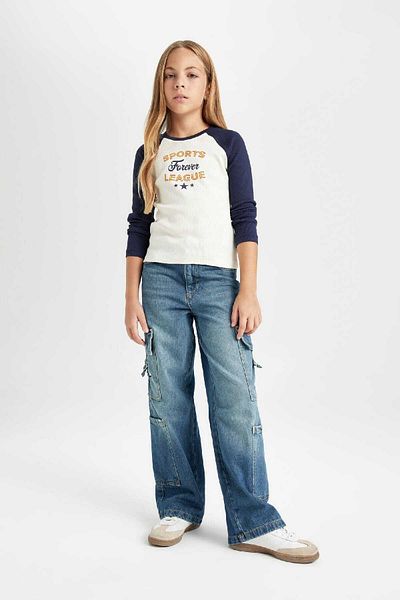 DeFacto Girl - Crew Neck Printed Ribbed Camisole Long Sleeve Crop T-Shirt D3344A824Au