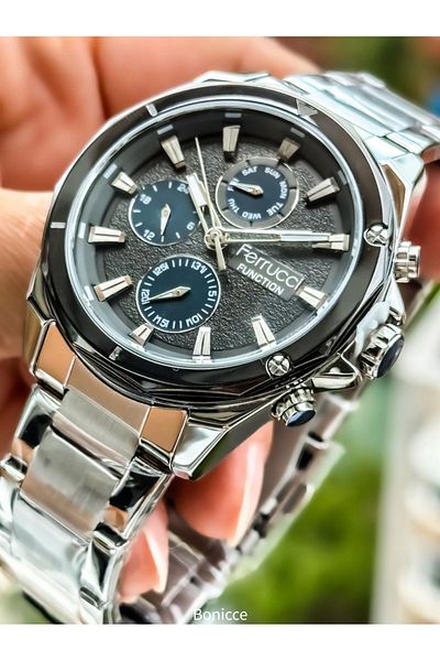 Ferrucci Brand Steel Cord Silver Color Functions Active Men's Wrist Watch + Rosary Bracelet