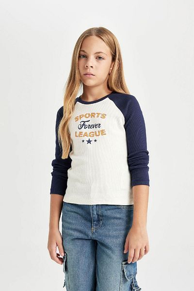 DeFacto Girl - Crew Neck Printed Ribbed Camisole Long Sleeve Crop T-Shirt D3344A824Au