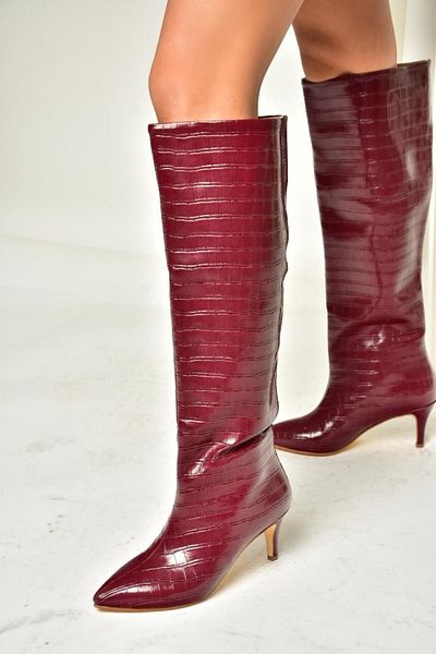 Fox Shoes N 749204011   - Cizme de damă cu toc mic cu model crocodil roșu Claret
