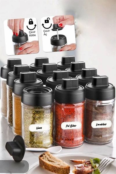 FırFır Store 300 ml Labeled Glass Set - 6 Spice Dispensers Set with Lockable Lids