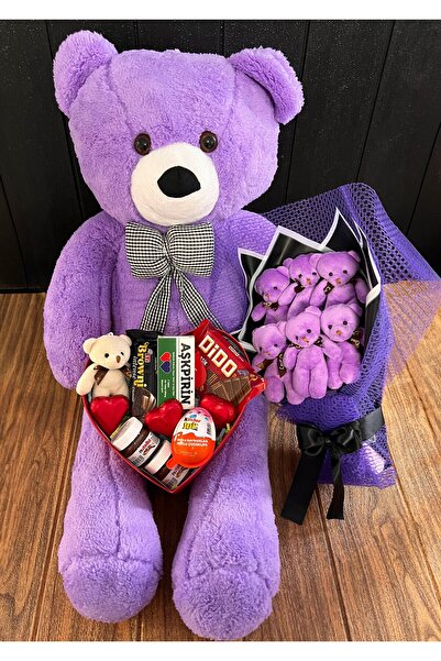 lenostra Hediye Sevgiliye 80 Cm Mor Ayıcık Aşk Ve Dolu Romantik Hediye Kutusu - Ve Ayıcık Buketi