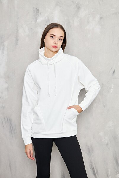 KİM Kİ O Ecru Women's Sweatshirt - Comfortable Collar, Lace-Up Pocket, 3 Thread No Ribbon
