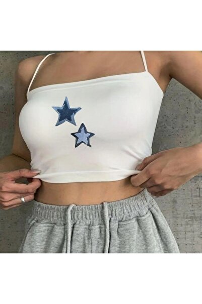 Le Savu Bustieră Crop B basic cu bretele din denim de culoare albă Star cu im...