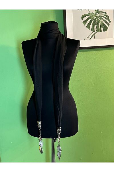 Gönülden Tasarım Şal de damă din bumbac pieptănat negru - Design cu vârful frunzei, eşarfă