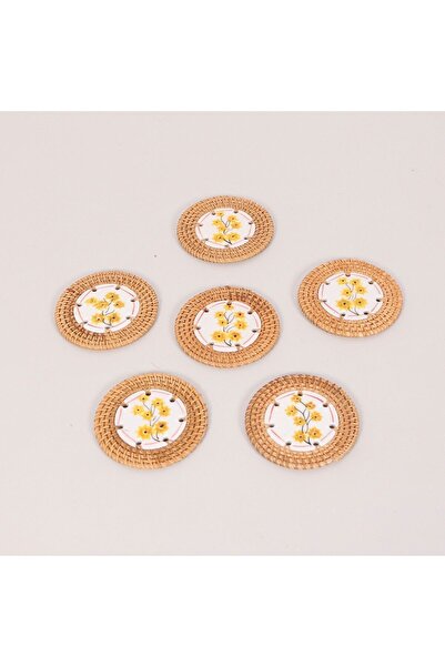 Mylamp Papatya 6-Piece Natural Rattan and Handmade Ceramic Coasters