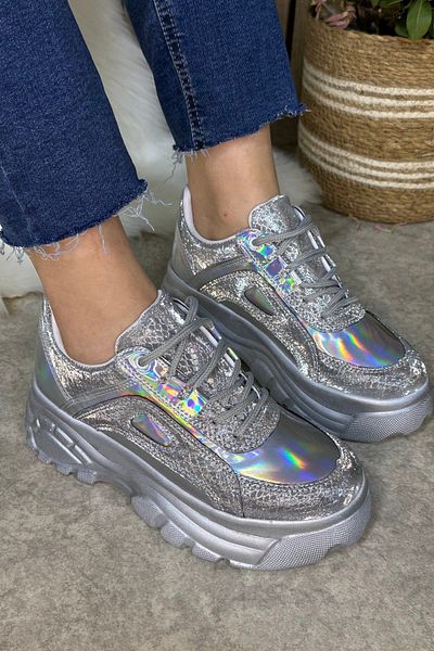 İmerShoes Сребърни холограмни високи дамски маратонки с връзки - 001