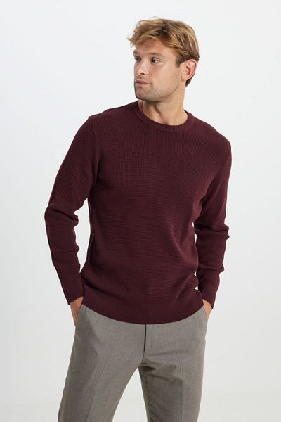 ALTINYILDIZ CLASSICS Πλεκτό πουλόβερ με υφή κηρήθρας Claret Red - Crew Neck, Βαμβακερή Standard Fit
