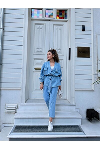 HK Style Women's Jeans Jacket and Trousers Set with Elastic Waist