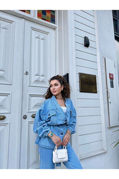 HK Style Women's Jeans Jacket and Trousers Set with Elastic Waist