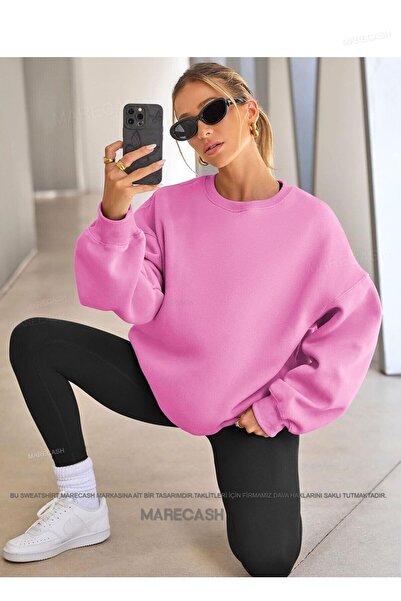 MARECASH Ροζ oversized Βαμβάκι τεμάχια Βασικό φούτερ με λαιμόκοψη ποδηλάτου