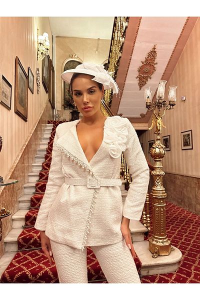1Moda1Tarz White Imported Tweed Women's Suit - Pearl Embroidered Belt and Rose Detail, Lined Special Design