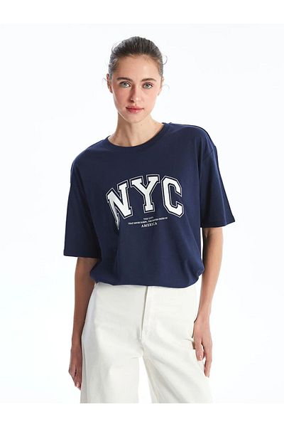 LC Waikiki Γυναικείο μπλουζάκι LCW Vision Navy Blue Crew με στάμπα με κοντό μανίκι Oversize