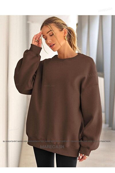 MARECASH Kahverengi Oversize Pamuklu Bisiklet Yaka Basic Sweatshirt