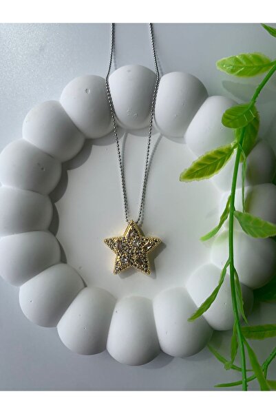 Ebruli Çelik Taşlı Yıldız Kolye