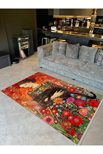 Rugs Modern Halı İnci Koleksiyonu Kadın Kedi ve Çiçekler Detaylı Çok Renkli D...