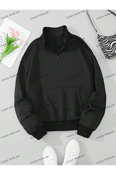 Tarzsokak Y2K سويت شيرت نصف سحاب للرجال باللون الأسود