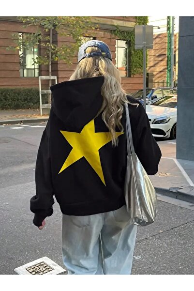 Elvino Yıldız Sırt Baskılı Oversize Unisex Kışlık Kalın Kapüşonlu Sweatshirt ...