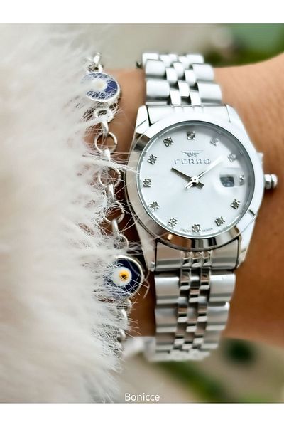 FERRO Brand Steel Cord, Silver Color, Small Case Women's Wrist Watch + Evil Eye Beaded Bracelet