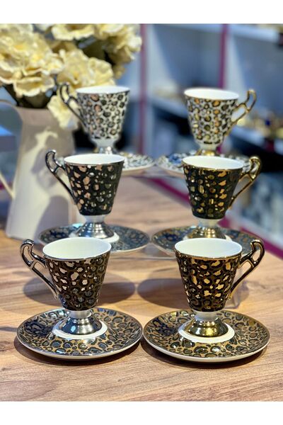 ACAR 6-Piece Talia Leopard Gold Footed Turkish Coffee Cup Set