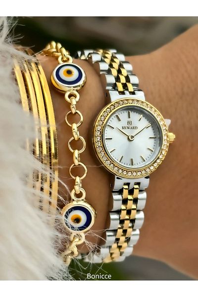 Reward New Model Color Steel Cord Small Mini Case Rhinestoned Women's Wristwatch + Nazar Beaded Bracelet