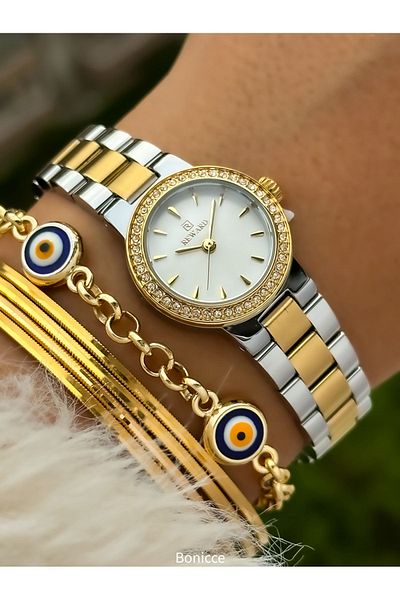 Reward Brand New Model Sar Color Steel Cord Small Mini Case Rhinestoned Women's Wristwatch + Nazar Beaded Bracelet
