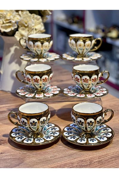 ACAR 6-Piece Luxury Turkish Coffee Cup Set with Oscar Flowers and Gold Legs