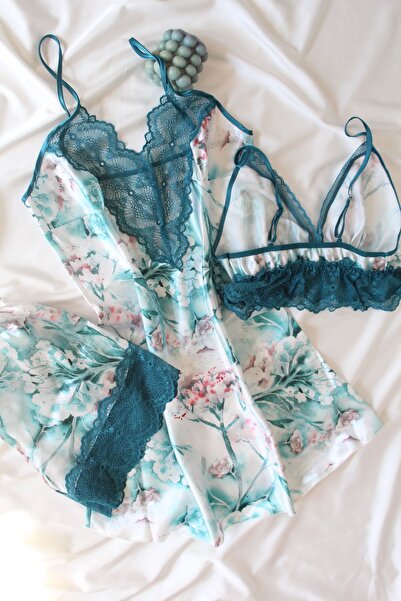 blackstrip Floral Düşler Saten Gecelik ve Şort Takımı
