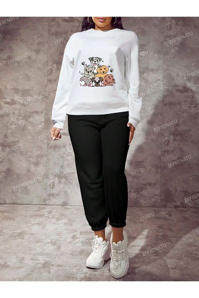 EFFRENATU Hila Moda - سويت شيرت أبيض مطبوع بياقة مدورة، مقاس كبير