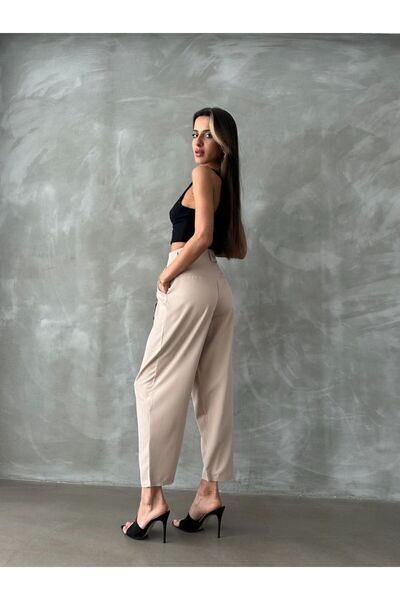 Pienk Yüksek Bel Piliseli Kadın Kumaş Pantolon