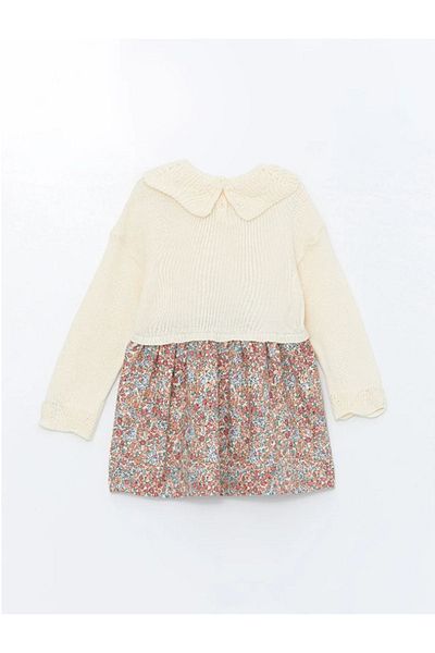 LC Waikiki Lcw Baby - Cream Color, Baby Collar and Long Sleeve Flower Patterned Baby Girl Dress