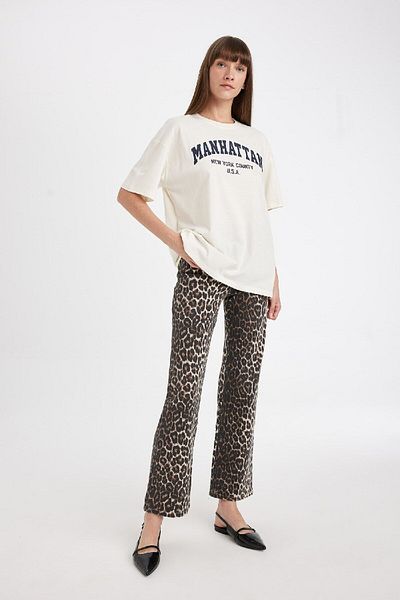 DeFacto Leopard Patterned Long Gabardine Trousers with High Waist Pockets - D1229Ax24Au