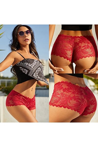 laseni underwear Kadın Yüksel Bel Tekli Kırmızı Dantel Desenli Tanga Şort Külot LASENİ UNDERWEAR