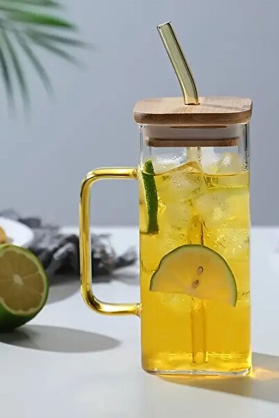 CİYU Sızdırmaz BAMBU Kapaklı Isıya Dayanıklı Cam Pipetli Kare Kupa 400 ml. bo...