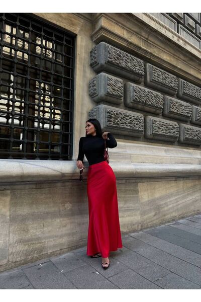 LB Laluna Butik Női piros hosszú szatén szoknya