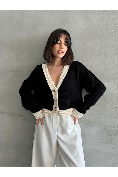 NATUFIAN STORE Cardigan de tricotaj pentru femei alb-negru - Detaliu de culoare contrastantă