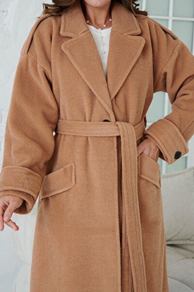 WOMAN VISION Women's Midi Length Camel Coat - Double Breasted Collar, Belted, Long Sleeve, Off Shoulder, Lined 9002