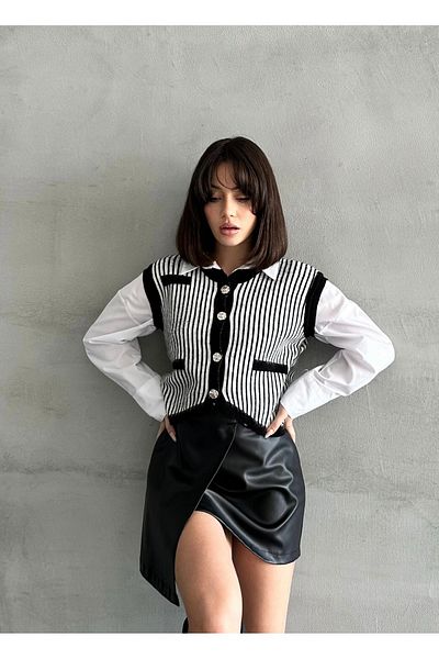 NATUFIAN STORE Striped Soft Style Women's Knitwear Sweater - Buttoned