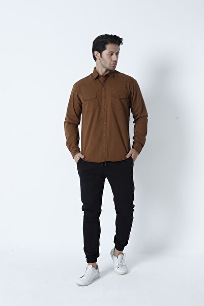 Cordial Мъжка памучна риза с двоен джоб и капак, кафява, есенно-зимна