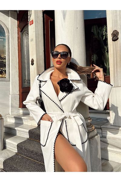 1Moda1Tarz Γυναικείο παλτό με λεπτομέρεια λευκού τριαντάφυλλου - πέτο πουκάμισου, τσέπες και επένδυση