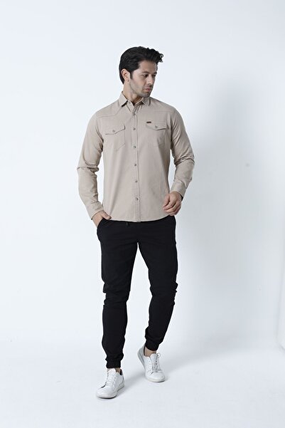 Cordial Ανδρικό βαμβακερό πουκάμισο με κανονική εφαρμογή μπεζ φθινοπωρινό/χειμώνα με διπλή τσέπη