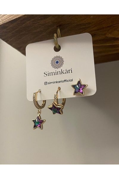 Siminkari Purple Stone Star Steel Earrings Set