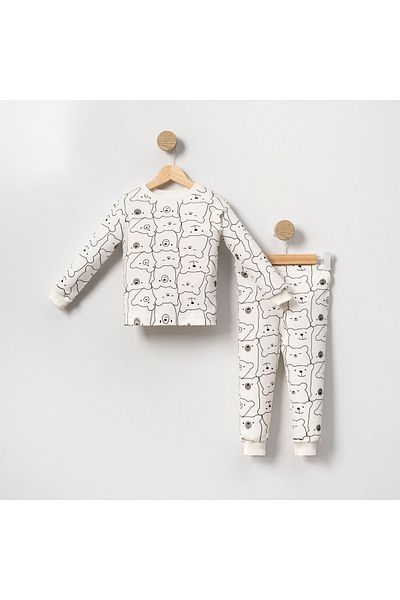 aden kids Ecru Bear Printed Seasonal Cotton Fabric Cartoon Unisex Children's Pajamas Set