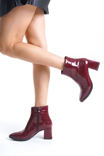 Buem Patent Leather Shiny Heeled Zippered Daily Comfortable Women's Boots