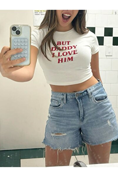 MEAGİYİM Y2k But Daddy I Love Him Printed Crop Baby Tee