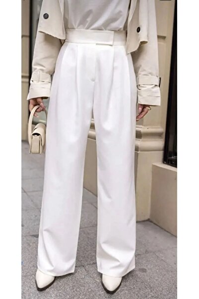 La Querta Ψηλόμεσο λευκό παντελόνι Palazzo - Velcro και ρυθμιζόμενο μέση φαρδύ πόδι